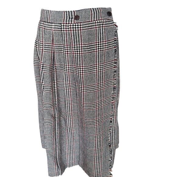 Vintage Plaid High-Waisted Pleated Midi Skirt Size 13 Polyester Blend Black Red - Picture 2 of 7